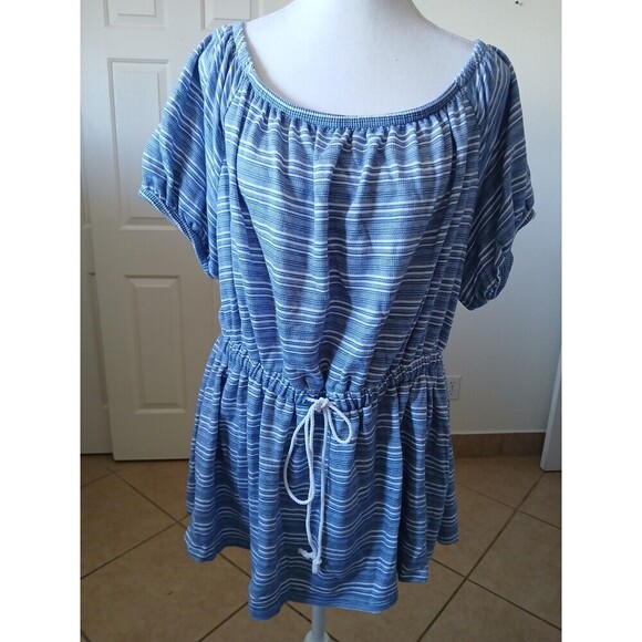 LANE BRYANT Off Shoulder Convertible Blouse Peplum‎ Top Striped Blue Plus 18/20 - Picture 2 of 14